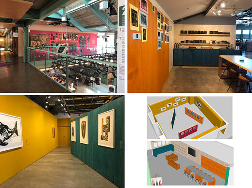 Three photos of the actual exhibition installed in SESC Birigui on top and left botton corner. On right botton images of the sketchup model of the exhibition, which consisted of panels colored with yellow, orange, magenda and teal blue, distributed on two