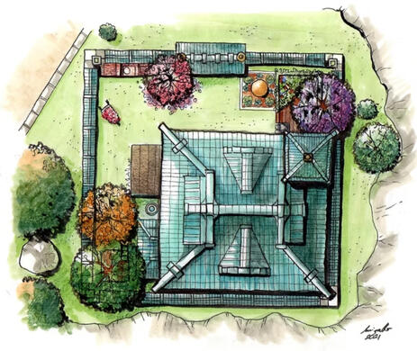 A top view drawing of a landscape design plan featuring a house with green roof on the botton right corner, a green fence around the house and its garden and a around the house a garden filled with colorful trees.