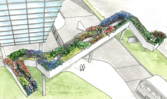 A drawing of a bridge filled with plants on both sides of the walk