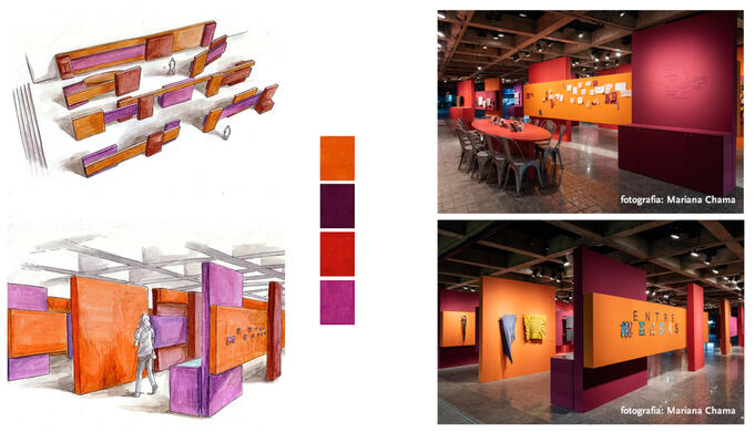 On the left: two sketches of orange, dark purple, red and magenta exhibition panels. On the right: photos of the actual panels installed on the exhibition