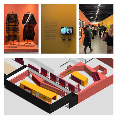 Three photos of the actual exhibition installed in SESC Birigui on top. On thebotton images of the sketchup model of the exhibition, which consisted of salmon pink and yellow structures with colorful wall niches