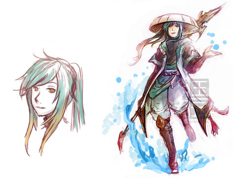 Sketches of a fictional character created for study. It's a slender young man with long straight green hair with blond tips, pulled on a long ponytail. He wears a straw hat and a mix of traditional Japanese clothes with light blue tones and a white long op