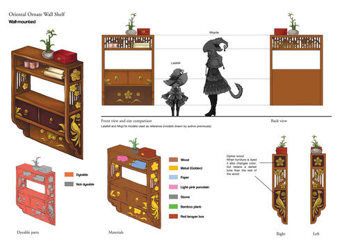A concept art board several points of view of a ornate shelf made of wood and with golden peacock and sakura flower decorations on both sides. The furniture consists of a top shelf niche and a balcony with two shelves.