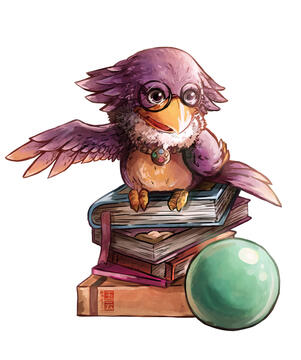 Fanart reimagining of Adelaide, a character from the TV Show Castelo Rá-Tim-Bum. Adelaide is a purple bird (jackdaw) that is usually seen in the show resting over a pile of magic books. This version of Adelaide wears glasses