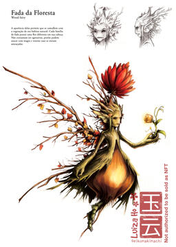 A drawing a fairy/pixie creature with wings made of dry leaves and branches, a body the ressembles an onion a face made of wood and a red flower blooming from its head
