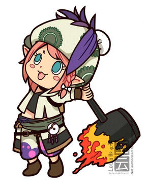 Image of my original Final Fantasy 14 character that I use as an avatar on my social media. The character is a small humanoid (lalafell) with short pink hair in a braid, pointed elf ears, large turquoise green eyes, wearing a light-colored beret and wieldi