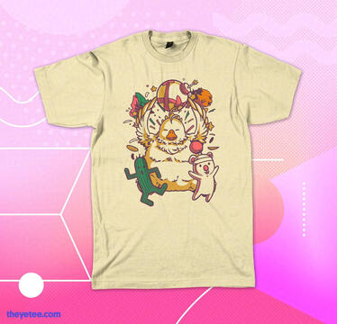 Photo of a cream t-shirt with a drawing of a very large fat bird (fat chocobo) holding a bomb over its head, and other creatures around running from it (a moogle, a chocobo and a tonberry)