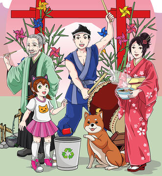 Character illustrations for a Japanese cultural festival held in São Paulo. It features an old man with black kimono and green happi, a young man playing taiko wearing blue kimono, a girl wearing a white t-shirt, pink skirt and a headband with cat ears, an