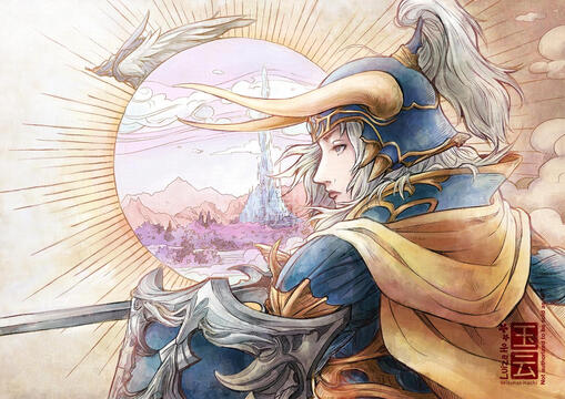 Art of the Warrior of Light from Final Fantasy 1, but it's the version that appears in Final Fantasy 14, with the Crystal Tower behind him. The composition is a parody of the oficial illustration of the Warrior of Light done by Yoshitaka Amano.