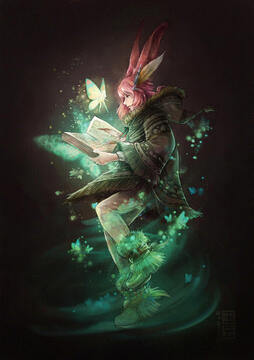 Illustration of a male Viera (humanoid with bunny ears) from Final Fantasy 14. He has pink long hair with matching ears and is wearing poncho. He holding a grimoire and summoning a fairy. The background is black and he is surrounded by green magical light
