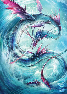 A digital painting of a giant sea serpent jumping out of the waaves. The serpent has a dragon-like head with yellow glowy eyes and very pointy and sharp jaw. Two long whip-like barbs extend from its jaws. The serpent's body is mostly made of light blue sca