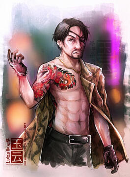 Digital drawing of Goro Majima from the game Like a Dragon (Yakuza). He is a Japanese man with lean build, black hair istyled into a side part that hangs to the tops of his ears, with the rest being shaved into an undercut. He also sports a full goatee. He