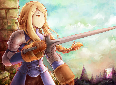 Fanart of Agrias from Final Fantasy Tactics. Agrias is a woman wearing light armor over a loose blue long sleeved shirt, with long straight blond hair