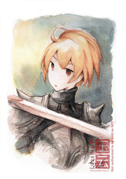 Watercolor of Ramza Beoulve from the game Final Fantasy Tactics. Ramza is a young man with no facial hair, short straight blonde hair, wearing black armor and holding a light sword.