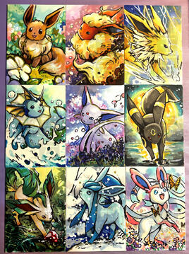 Sketch cards with drawings of Eeveelutions made with Copic Markers