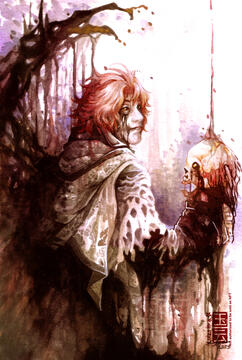 Watercolor of Ardyn completely taken by the Scourge holding a skull. Ardyn is a tall (6'2") man with red-violet hair, amber eyes, and strong facial features. He appears to be middle-aged and dresses in a black trench coat and pinstripe trousers. He wears a