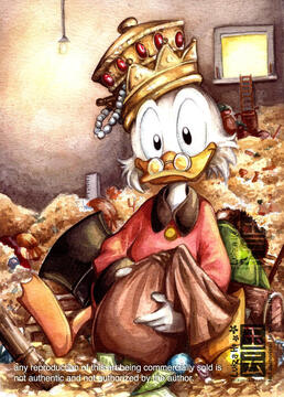 Watercolor fan art I've painted of Scrooge McDuck. You might have seen variations of this art being sold as prints and canvas, they are all stolen versions of this work. Do not buy it.