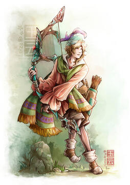 A drawing of a young bard with blond assimetrical hair, wearing a green hat with purple feathers, a green scarf and light red long-sleeved tunic. He holding an bow with an harp.