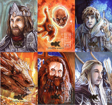 Sample of some sketch cards drawn for the 2022 Cryptozoic CZX Middle-Earth collection. The cards shown here feature Aragorn, Gollum, Sam, Smaug, Gloin and Haldir
