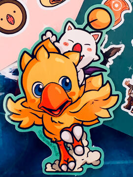 Waterproof sticker featuring a fanart of a Moogle riding a Chocobo