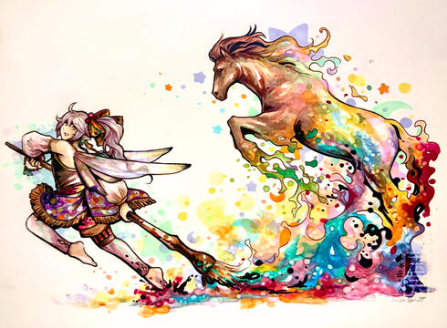 Copic marker drawing of a fairy with long purple hair tied on a ponytail, carrying a giant brush and running. From the ink left by the brush the image of a horse is created
