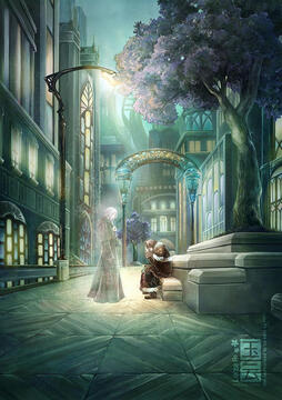 Digital painting of Final Fantasy 14 characters Emet-Selch alone in Amaurot and the spirit of Hythlodaeus watching him.