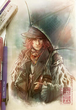 Sketchbook photo with colors added on Clip Studio, featuring the character Ardyn Izunia from Final Fantasy 15 posing with an umbrella