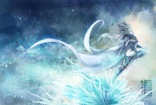 A digital painting of Shiva from the game Final Fantasy 14, she is in front of a blue background with white fog and ice crystals formed where she steps.