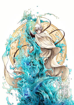 Digital drawing of the character Qifrey from the mangá Witch Hat Atelier, he is shown floating over a water pillar he has summoned in full-body. Behind him there is a magical circle